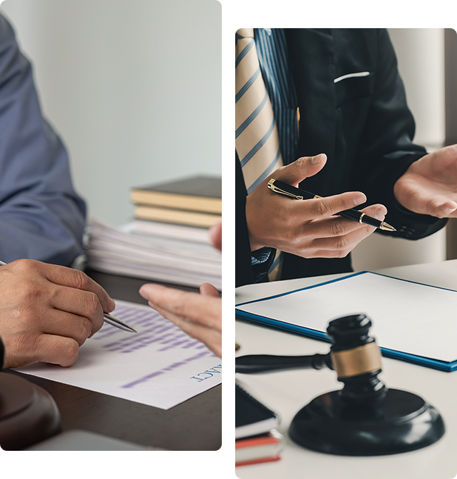 Two pictures of people at a table with papers and a gavel.
